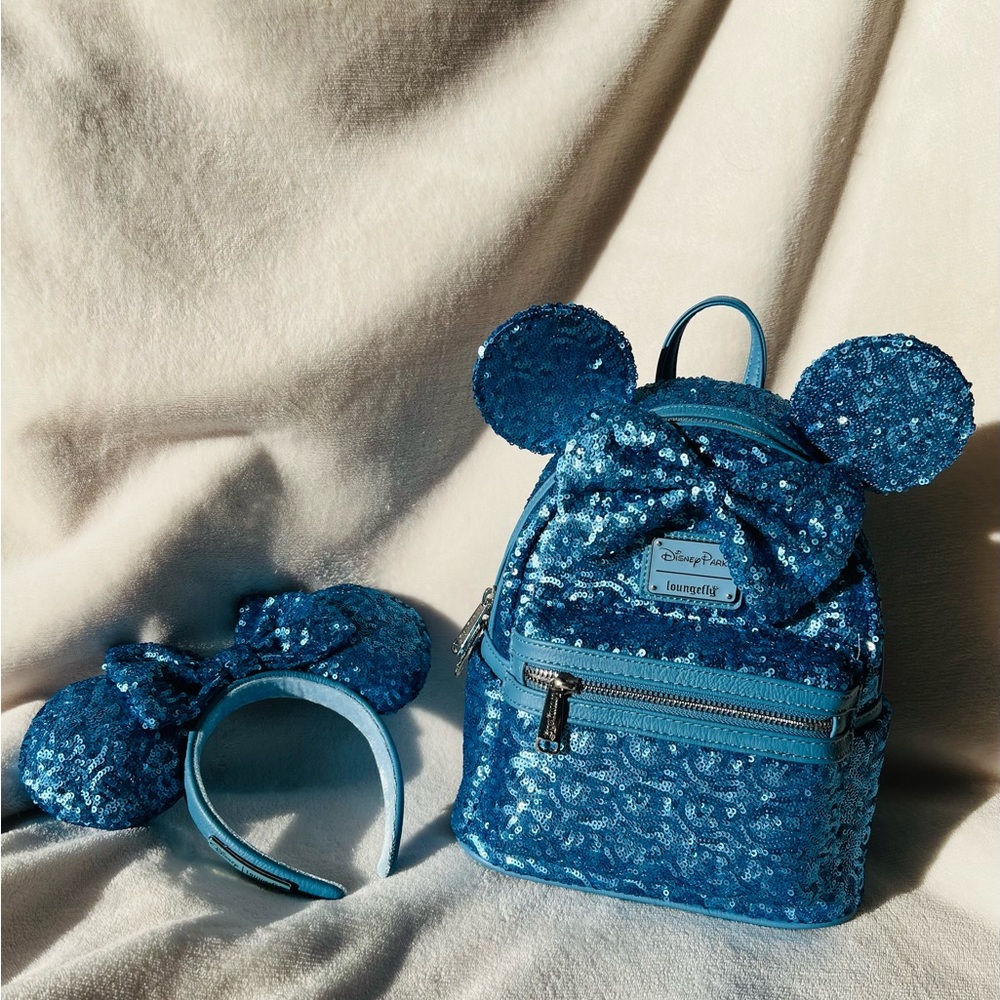 *Rare Disney Loungefly Hydrangea Blue Sequin Mini Backpack(NWT)Headband(EUC)Set